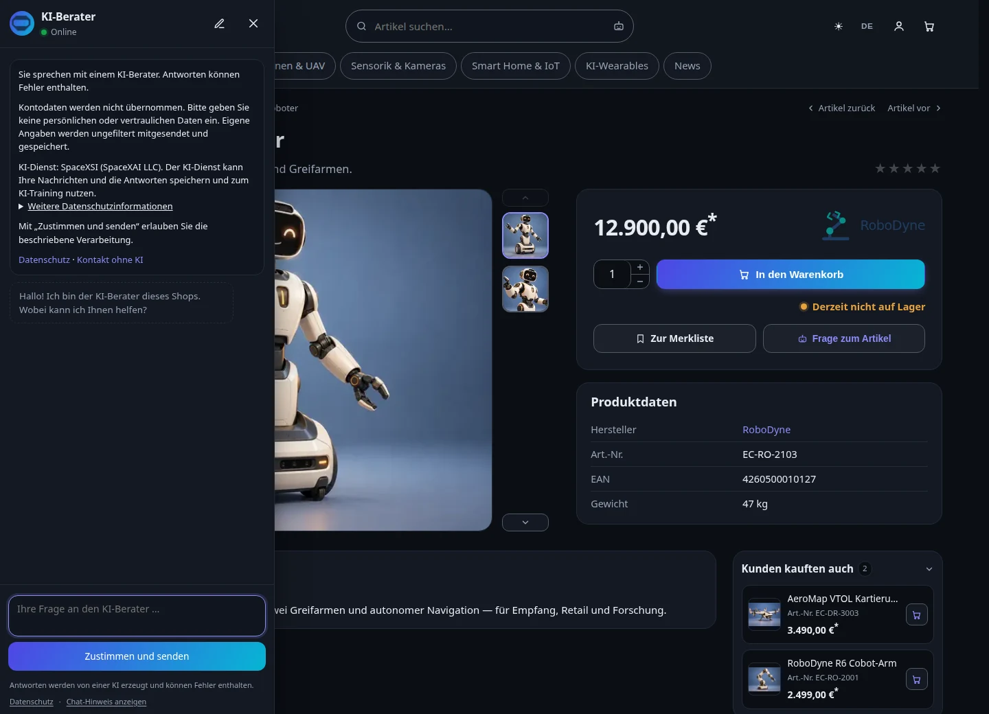 Geöffneter KI-Berater neben der Produktseite des Nova H1 Service-Roboters, mit Datenschutzhinweisen vor der ersten Nachricht
