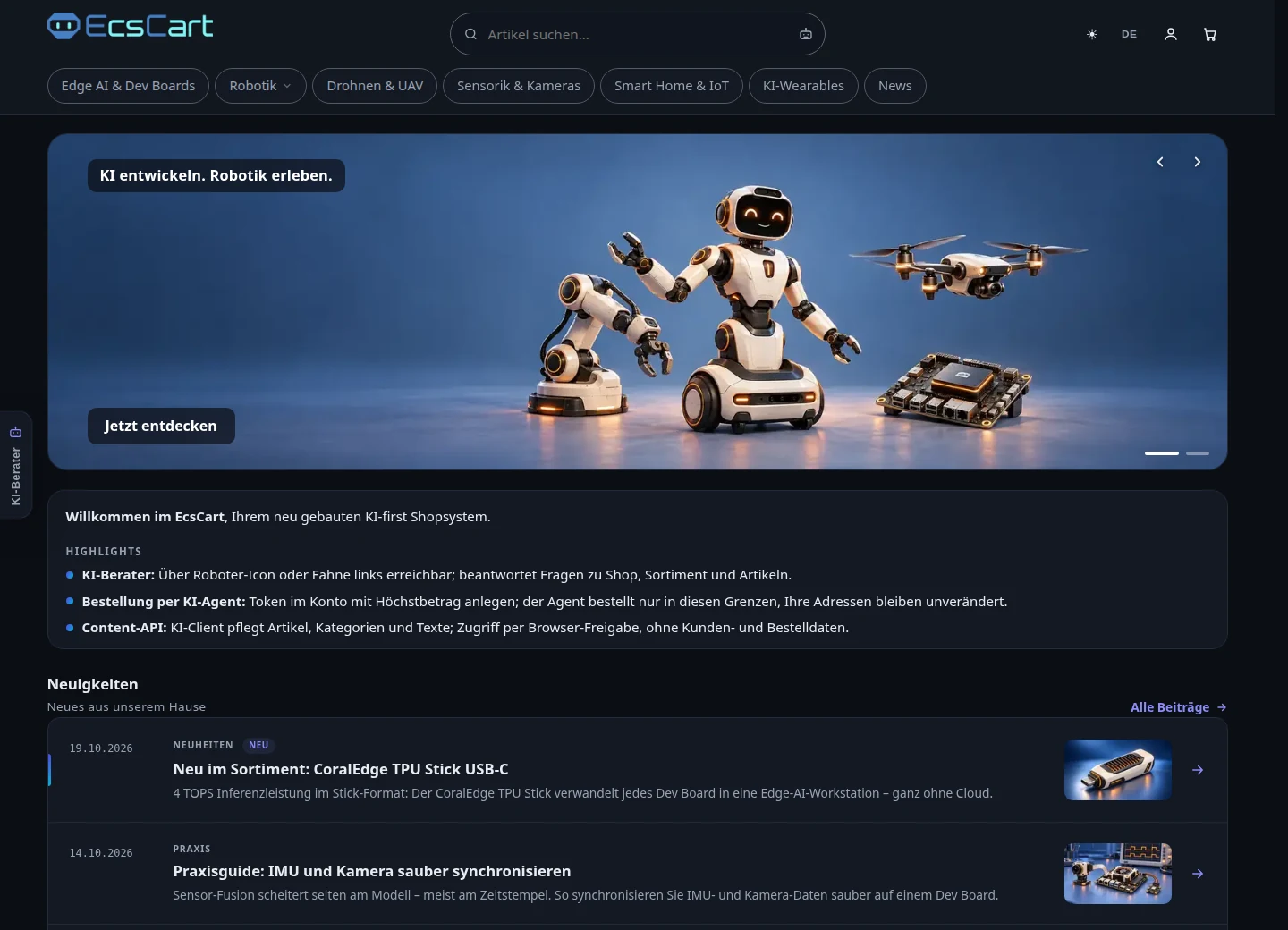Die EcsCart-Storefront im Dark Mode mit Navigation, Produktsuche, Robotik-Banner und Nachrichten